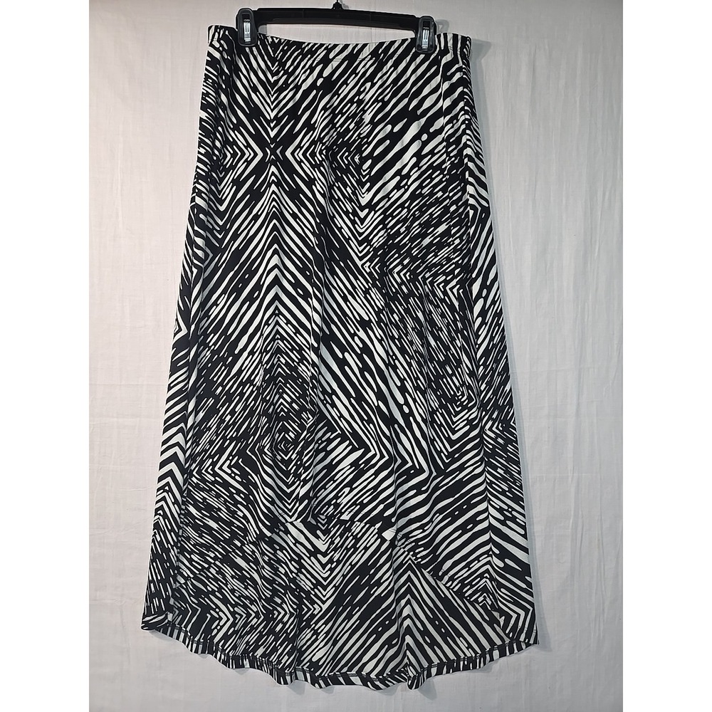 Chico's Travelers Black Beige Slinky High Low‎ Maxi Skirt Women's 2 (L) Abstract